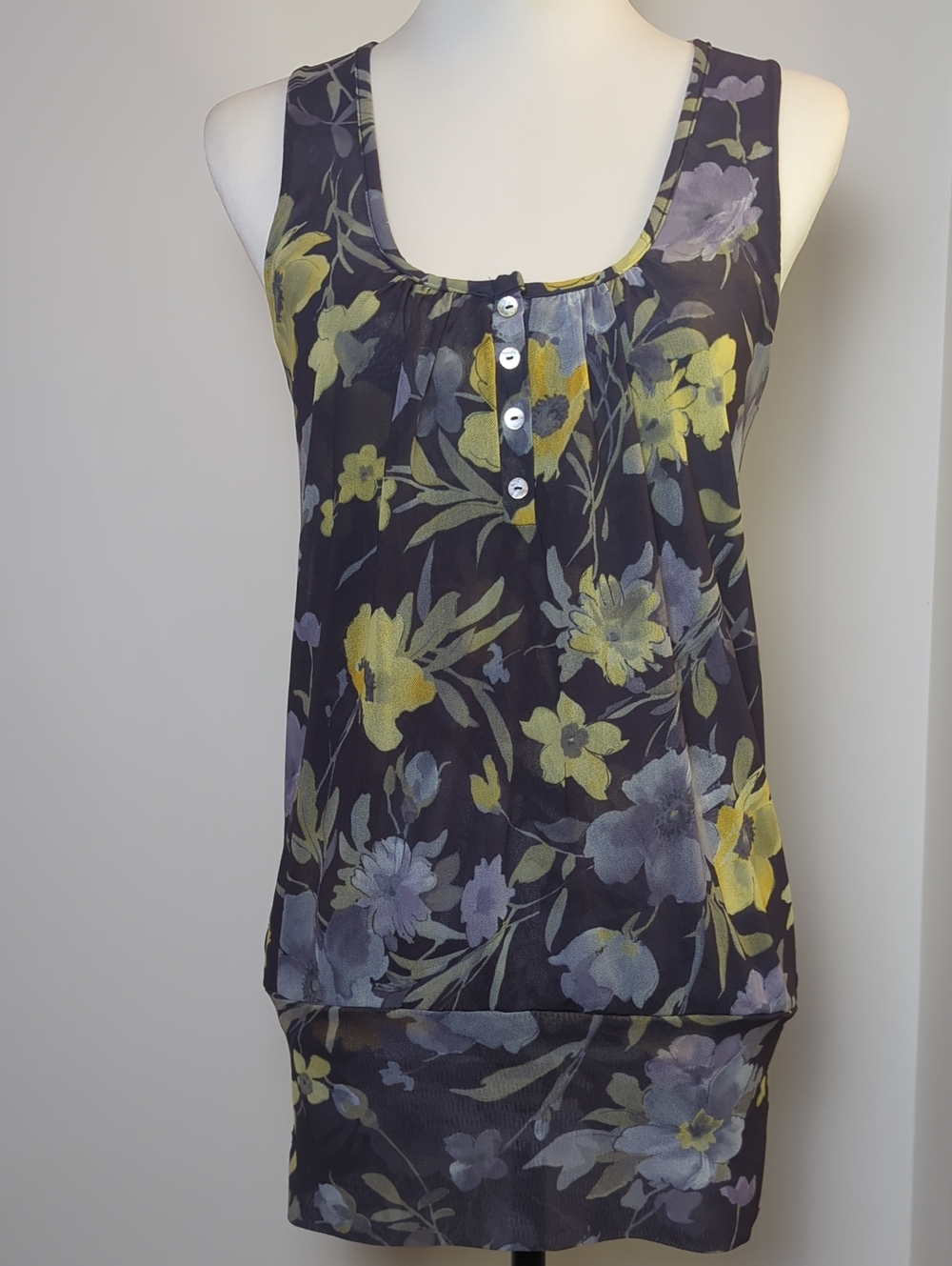 Johnny Heaven Vintage Y2K Gray Yellow Floral Mesh Blouson Tank Top Scoop LARGE